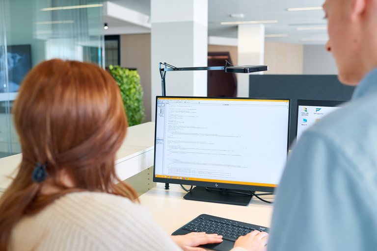 Rückansicht einer jungen Frau und eines jungen Manns, die auf zwei PC-Bildschirme blicken