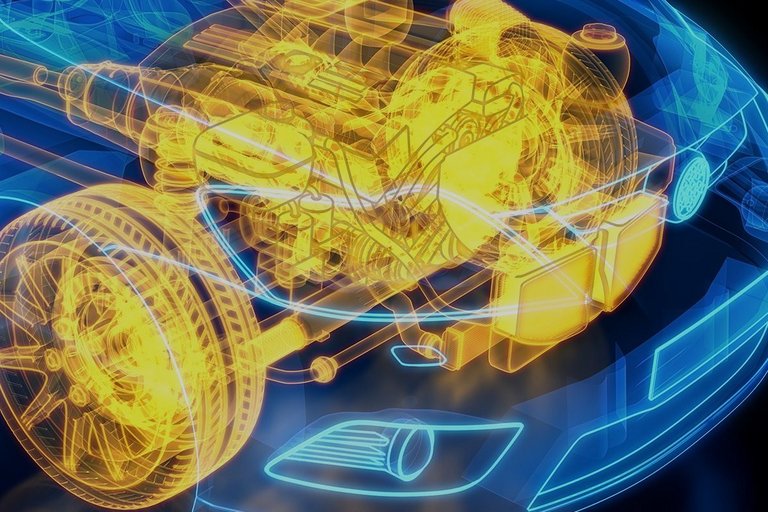 Blue and yellow picture which shows how the engine and the tires work together