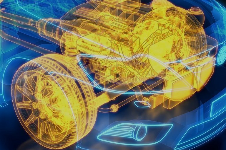 Digitale Skizze eines Automotive-Antriebs mit gelber Färbung des Motors