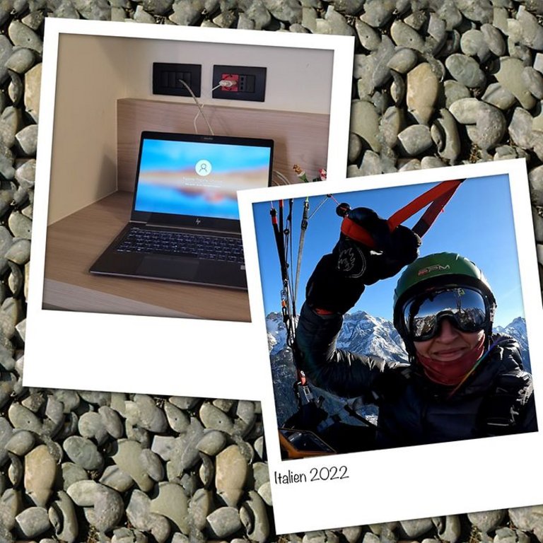 collage of two Polaroids on a pebble background, showing a laptop on a hotel room table and a woman paragliding 